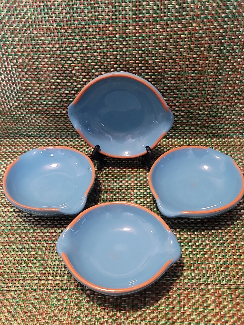 Pier 1 Blue Ceramic Dishes with Orange Rim - Set of 4